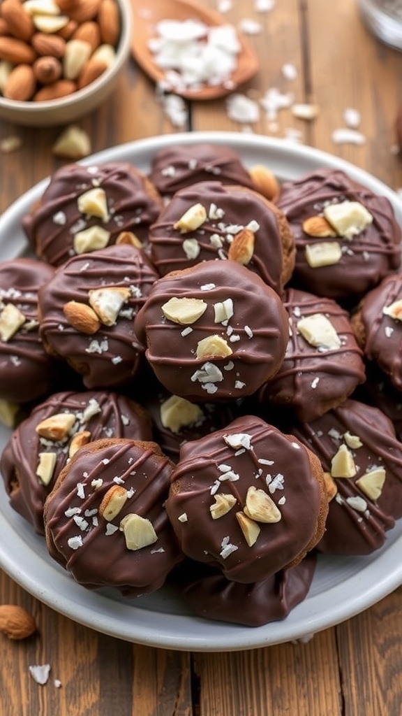 A plate of no-bake almond joy cookies with chocolate, coconut, and almonds on a rustic wooden table.